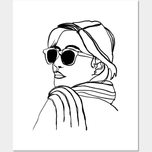 One-Line Ink Drawing Woman with Sunglasses Posters and Art